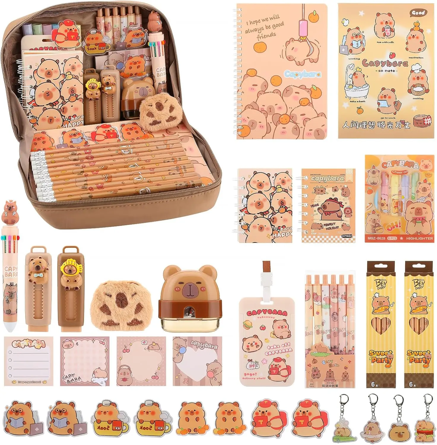 Lebaley Capybara Gifts - 27PCS Capybara Pencil Case,Capybara Stationery Set,Cute Back to School School Supplies,Pencil Bag include Gel Pens Pencil Sticky Notes Pins Notebook Card Holder Key Chain