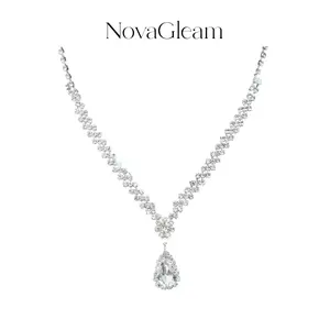 NovaGleam Jewelry  4ct Pear Cut Center Stone & Full Pavé CZ Halo Y-Necklace for Women, Skin-friendly Bridal Wedding Pendant Necklace, Luxury Fine Jewelry for Wedding, Bridesmaid, Engagement, Anniversary, Evening Prom, Party Wear Gift