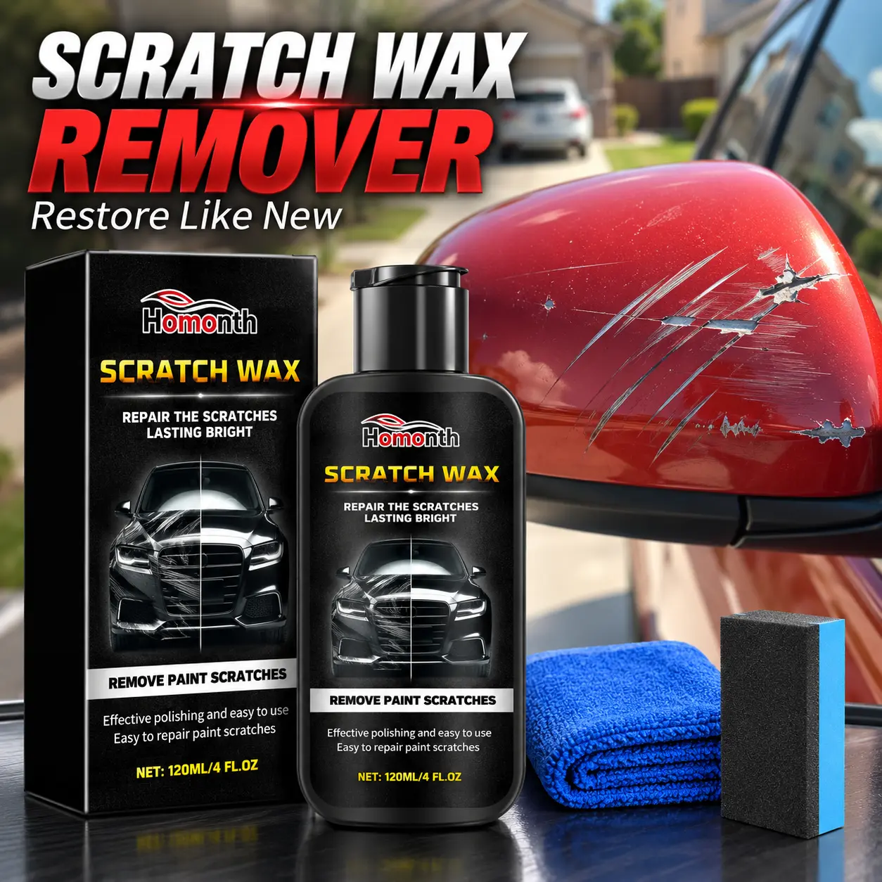 Car Scratch Repair Restorer Kit Reduces Blemishes, Swirls Look Smoother for Light Surface Damage Auto Swirl Remover Wax All Paint Colors Automotive Detailing Touch-Up Tool Upgrade with Wax Polishing Paste Sponge 120 ml