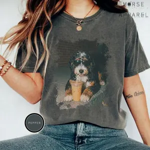 Bernedoodle Drinking Iced Coffee T-shirt, Comfort Colors® Funny Dog Tee, Vintage Dog Lover Gift, Cozy Dog Dad Shirt, Unisex Trendy Meme Top