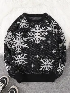 Men's Casual Round Neck Pullover Sweater, Snowflake Pattern Knitwear for Spring & Fall, Perfect Gift for Daily Wear