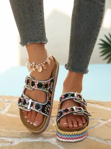 New Summer Women's Fashion Rhinestone Fisherman Sandals, Flat Bottom Beach Shoes, Thick Sole Jute Rope Water Drill Soft Wood Slip-On