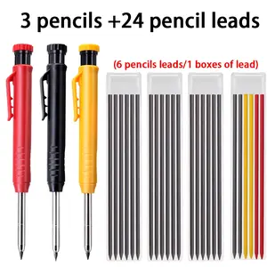 2.8mm Woodwork with Deep Hole Marking Function, Includes 3 Pencils + 24 Leads, Resistant to Lead Breakage, Ideal for Marking and Drafting by Carpenters and Engineers, Mechanical Drawing Pencils