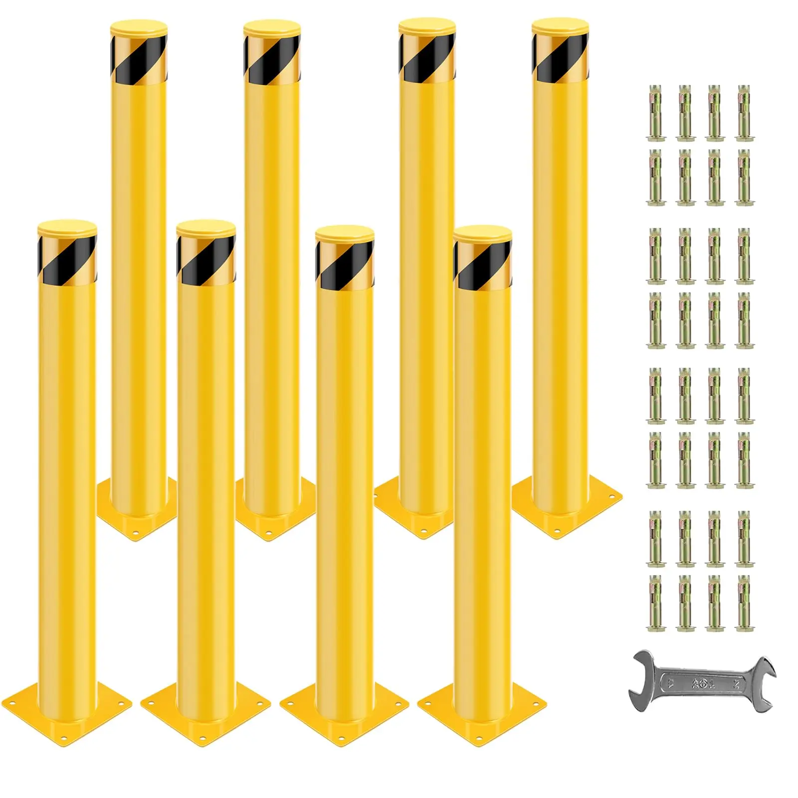 GARVEE 8-Piece Metal Steel Safety Bollards Bundle Pack - 42in Height In-Ground Removable Posts, 4.5in Diameter, 32 Bolts, 36in High Visibility Fading Resistant Reflective Barrier, Customizable Sizes for Concrete, Asphalt, Traffic Control