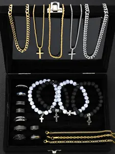 Men's Stainless Steel Jewelry Set, Geometric Pattern Necklace & Bracelet, Casual Daily Wear Accessories, Perfect Gift for All Seasons