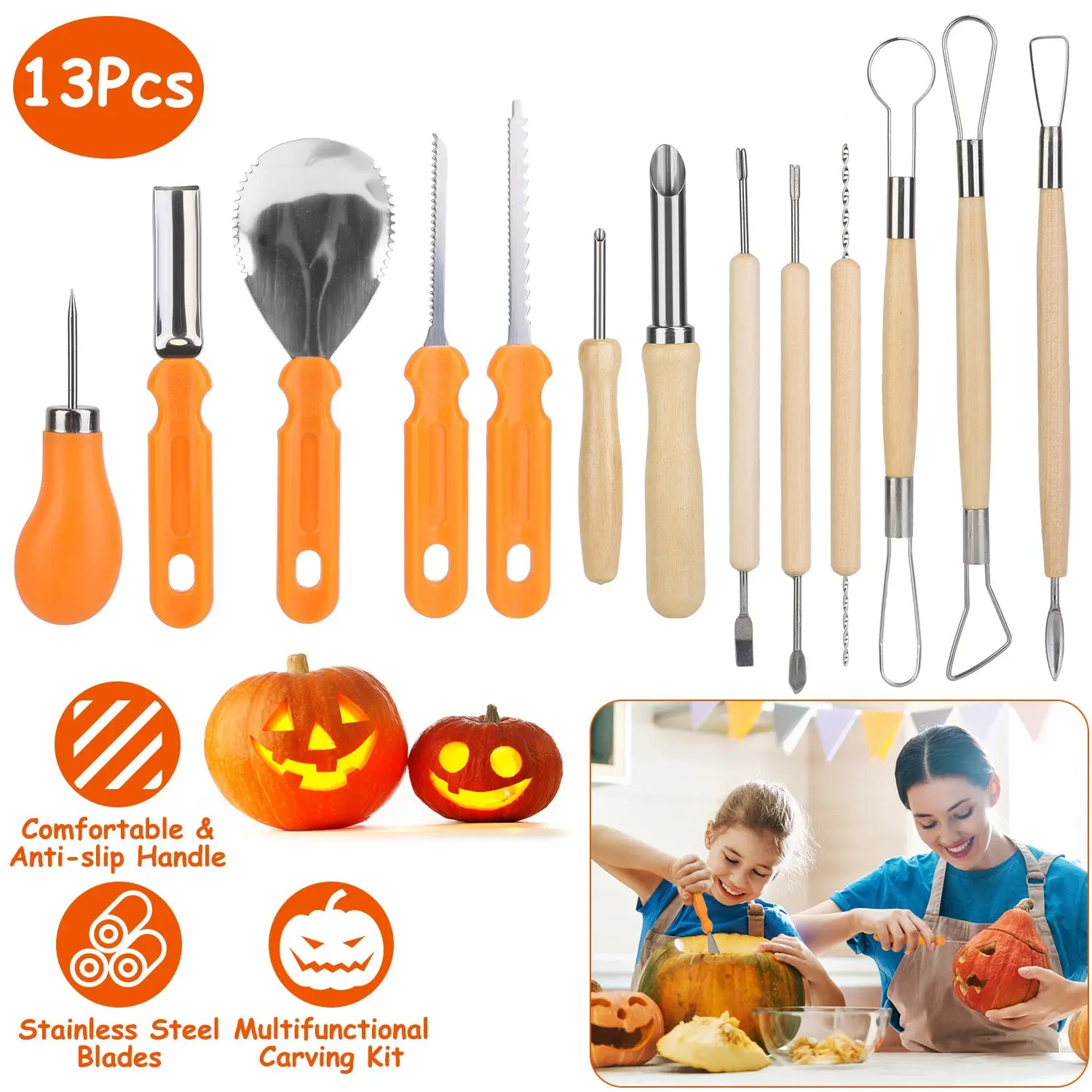 13-Piece Stainless Steel Halloween Pumpkin Carving Kit, Kids Multi-Tool Set for Vegetable Carving