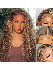 P4/27 Highlight Water Wave Wig Lace Front Wig Pre Plucked Water Wave Human Hair Wavy Invisible Lace Wig Fluffy Wave Wig