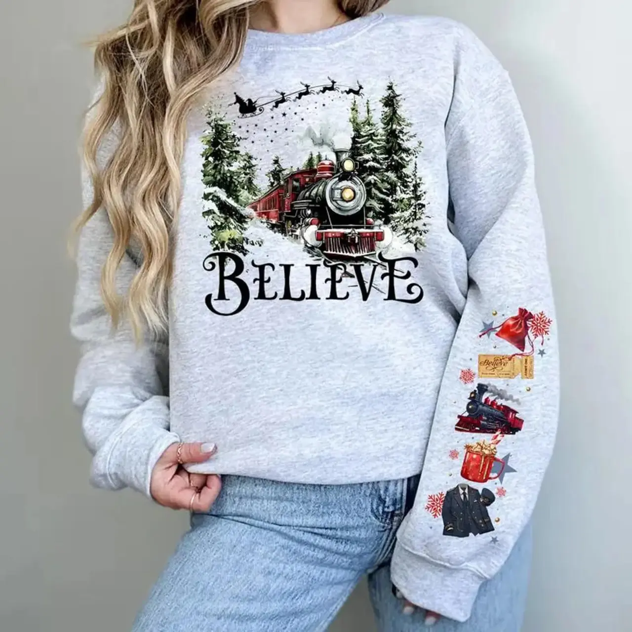 Retro Polar Express Sleeve Printed Sweatshirt, Believe Train To North Pole Hoodie, Polar Express Tee Shirt, Christmas Gift
