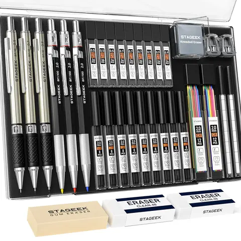 STAGEEK Artist Quality Ergonomic Mechanical Pencil Set - 34-Pack with 4 Models (0.5/0.7/0.9/2.0MM, 3 2.0MM Drafting Pencils), 384 Lead Cores (6B/4B/2B/HB/2H/4H), 2 Tubes Colored Lead, Ideal Art Supplies for Artists, Back to School 2025 Gifts
