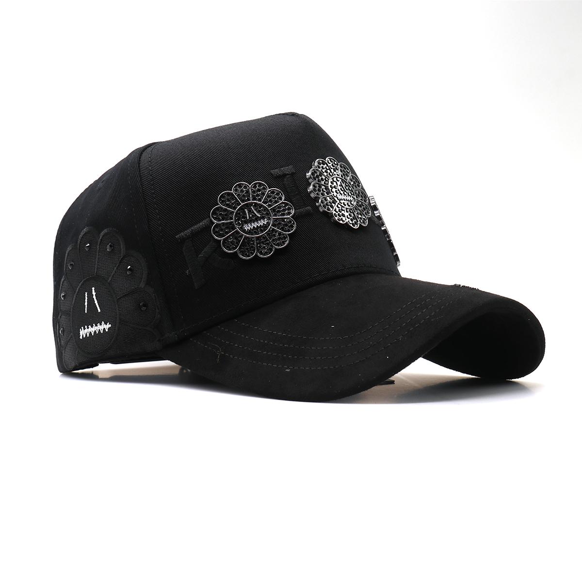 Gothic-Style "Smiley Flower" Streetwear Cap — Fully Embellished Rhinestone Hip-Hop Baseball Hat, Adjustable Black Suede-Brimmed "Dad Hat"