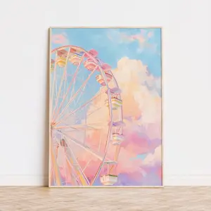 Ferris Wheel Wall Art Print, Pastel Carnival Poster, Amusement Park Painting, Whimsical Summer Decor, Digital Download, Playroom Art