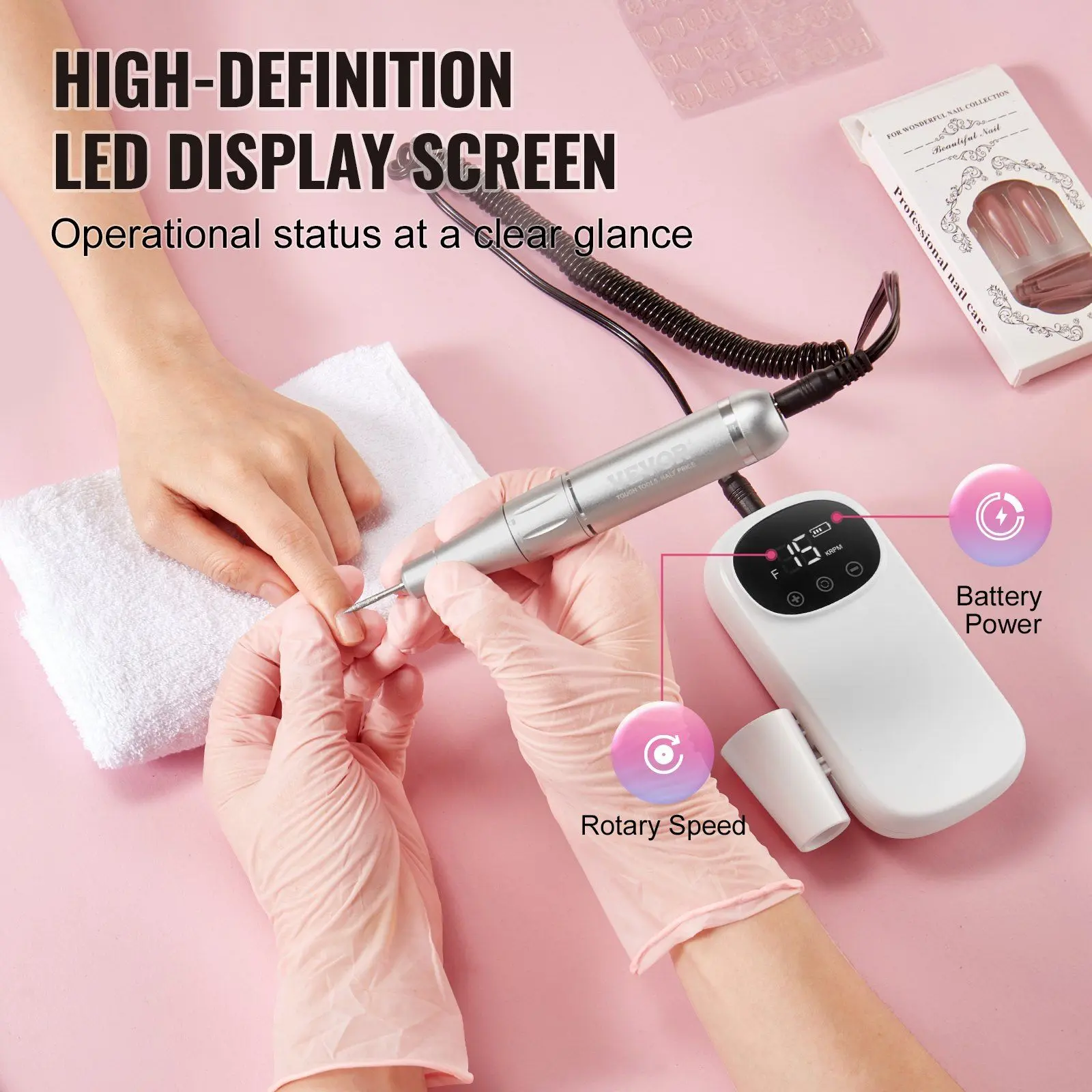 VEVOR Electric Rechargeable Nail Filing Drill, 35000 RPM Portable Cordless E File Machine with LCD Display, Aluminum Alloy Acrylic Gel Grinder Tool, 6 Bits, 50PCS Sanding Bands, 2000 mAh for Manicure Pedicure Nail Supplies