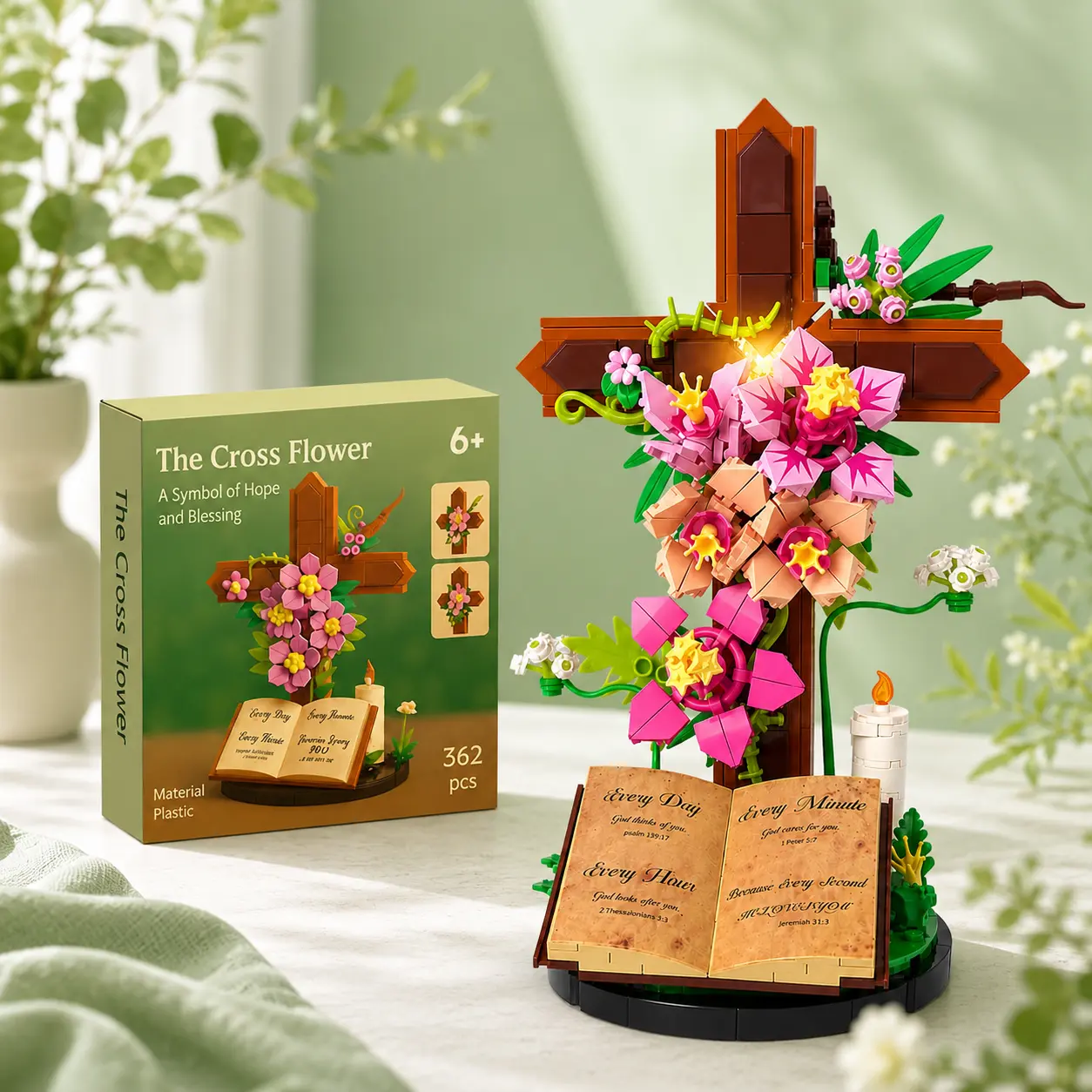 Jesus Cross Flower Building Set, 362 PCS Christian Crucifix Floral Display with Bible Base for Easter and Home Decor