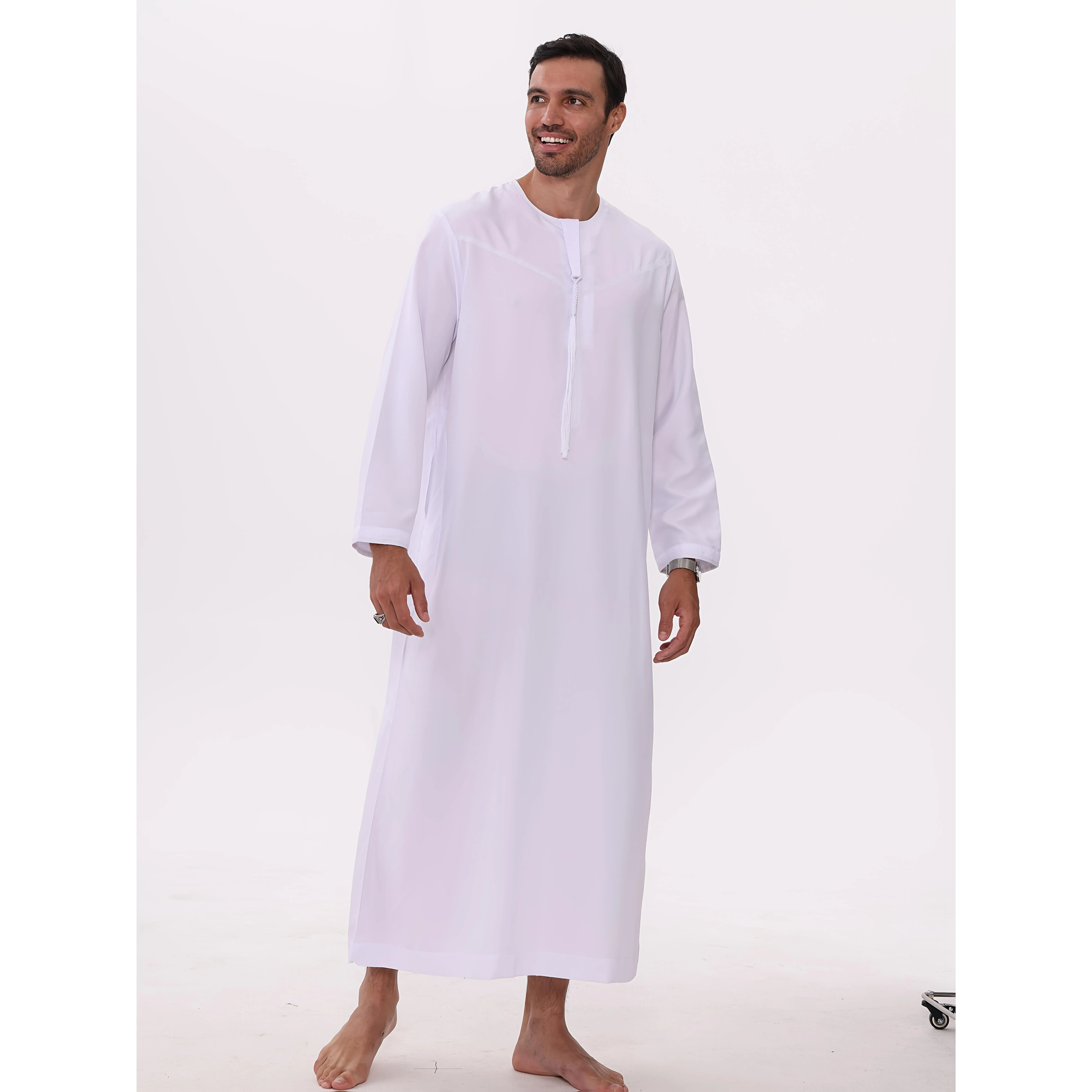[Elegant Men's Thobe with Drawstring] 1pc AL HARAMAIN Elegant Men'S Thobe - 100% Polyester Arab Prayer Robe with Drawstring, Crew Neck, Long Sleeve, Solid Color, Non-Stretch Fabric, Woven, All-Season Islamic Dress