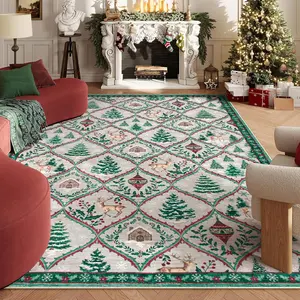 Christmas Decor Plaid Reindeer Tree Snow House Print Rug, Foldable Washable Non-Slip Carpet for Living Room Bedroom Balcony Outdoor