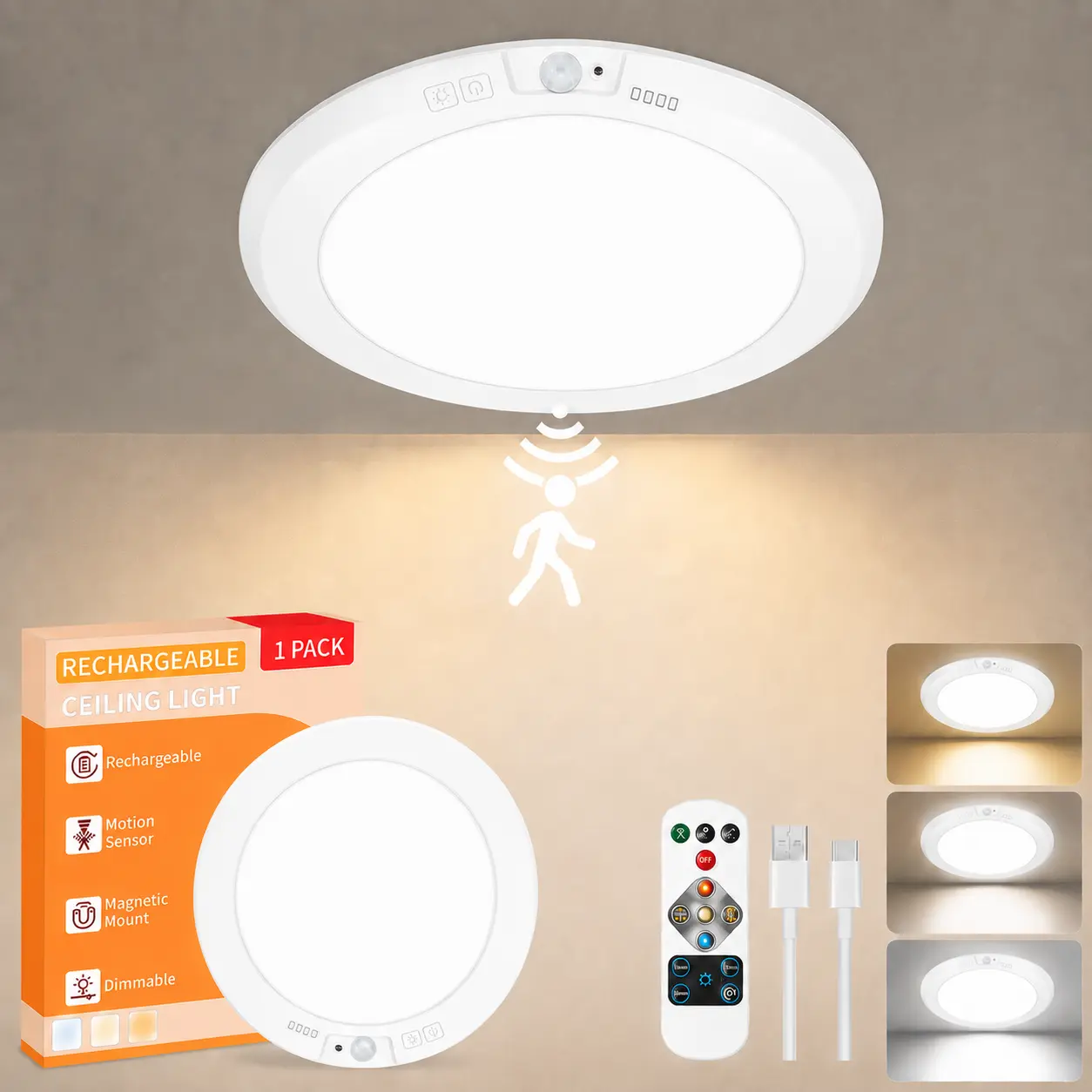 Motion Sensor Ceiling Light 1-Pack, Rechargeable Wireless LED Ceiling Light with Remote Control, 3 Color Temperatures & Dimmable, Magnetic Flush Mount Light for Hallway, Closet, Stair, Bathroom，#SohoChic
