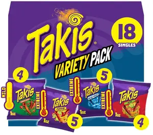 Takis 18 pc / 1 oz Variety Pack, Assorted Flavored Mixed Rolled Tortilla Chips – (5) Fuego, (5) Blue Heat, (4) Nitro, (4) Crunchy Fajitas