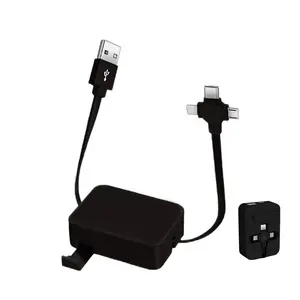 Three in One Charging Cable Roll, Data Transfer, 3 in 1 Charging Cable Retractable, Phone Holder, Compatible USB C(Type-C)/Micro USB/IP, Compatible with Phone, Android, Tablets (Black)