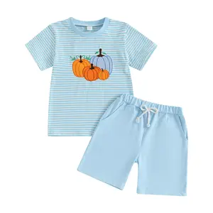 Toddler Baby Boy Halloween Clothes Pumkin Patch Short Sleeve Striped T-shirt Tops Solid Color Elastic Waist Shorts