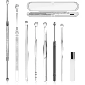 8Pcs Ear Pick Ear Wax Removal Kit, Tool, Ear Cleansing Set, Ear Curette Ear Tools with a Cleaning Brush and Storage Box, Medical Grade, for Ear Adult and Kid, Silver