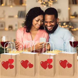 12 Pack Valentines Day Gift Bags Valentines Kraft Paper Bags Valentines Candy Bags with Handles Heart Love Party Favor Bags