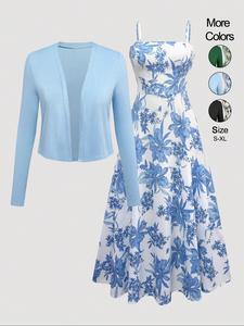 2-piece women's solid front open long sleeve jacket and floral print slip dress, stylish for every occasion, casual chic dress