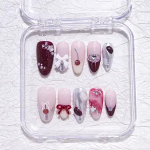 Iridescenal 10pcs the water drop press on nails,Y2K style, 100% handmade，reusable ,Red nails, paired with bows, cherries, smudges, rhinestones, pearls, five-pointed stars，suitable for daily wear and matching, and also the best gift for girls and ladies