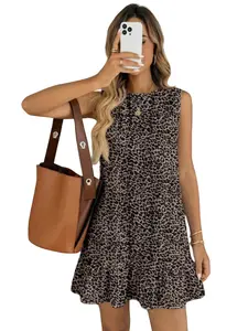 Summer Fashion Womenswear High Waist Street Style Sleeveless Ruffle Hem Leopard Print Sexy Knitted Slimming Casual Chic Fitted Vest Dress, Women's Casual Wear Elegant