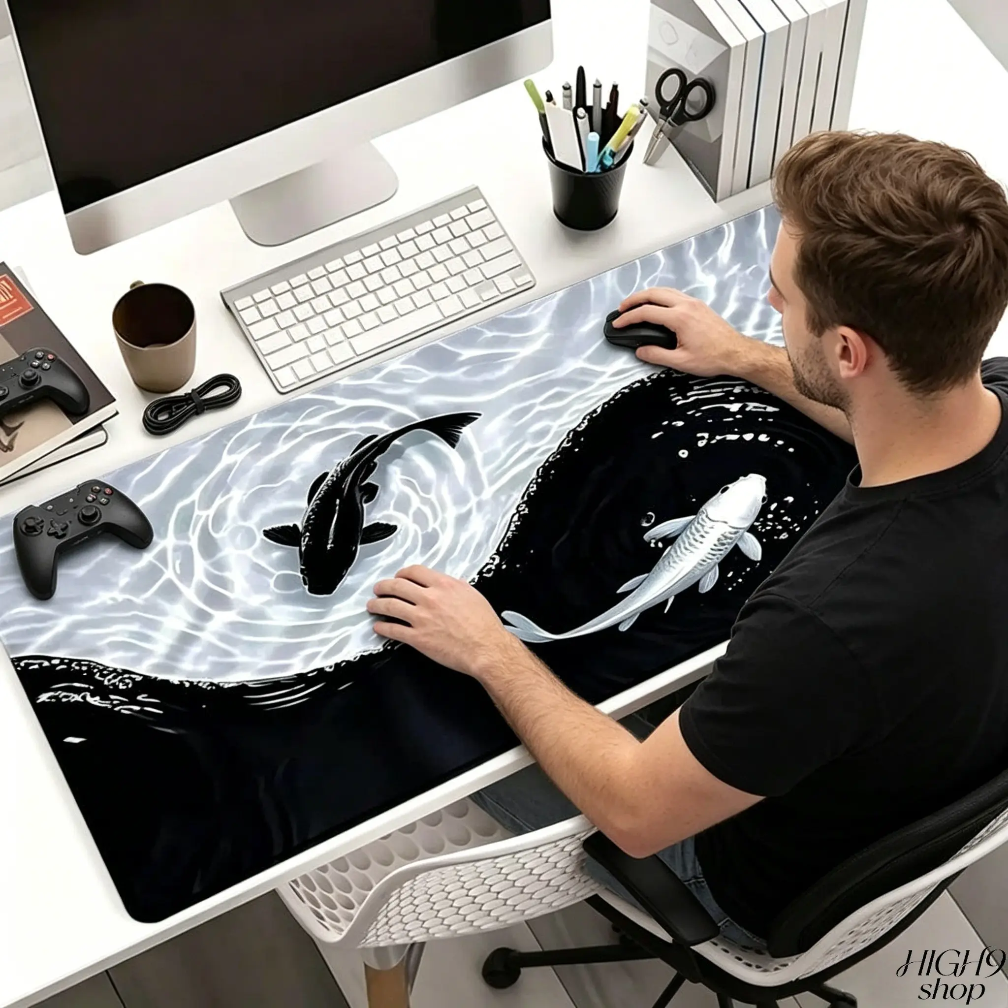 Extra Large Yin Yang Koi Waves Gaming Desk Mat, 35 X 16 Inches Non-Slip Rubber Mouse Pad With Neat Stitched Edges, Stylish Desktop Accessory Ideal For Home Office Use And Christmas Holiday Gift Giving