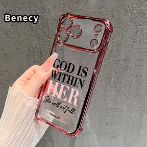 Pink Psalms Bible Quotes Pattern Four Corner Anti-Fall Phone Case Transparent Electroplated Protective Cover for iPhone 17 16 Pro Max 15 Plus 14 13 12 11 E Air