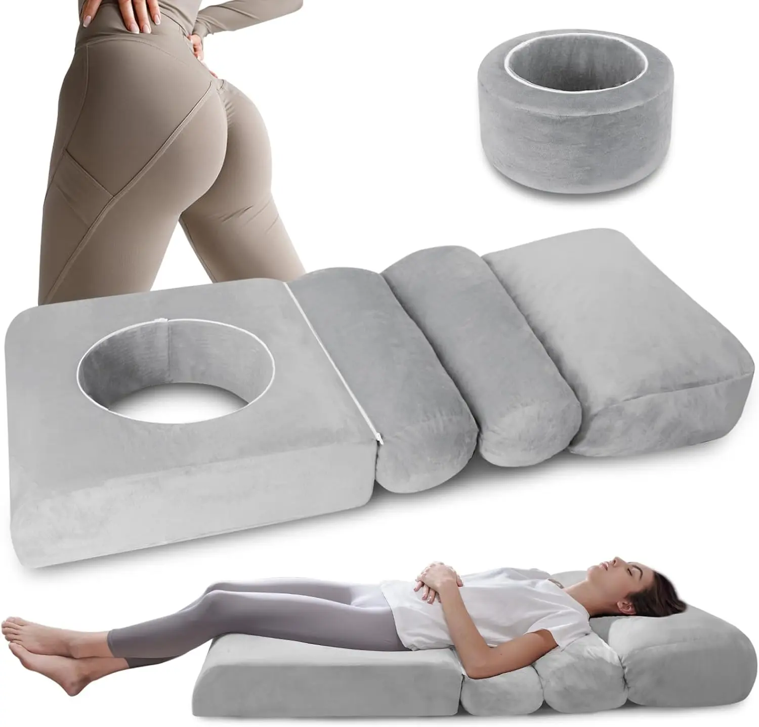 BBL Post-Surgery Sleeping Leg Positioner Pillow, 60x23.6x6.3in Shredded & High-Density Foam, Center Hole, Back Sleeping Use, Removable Washable Pillowcase, BBL Must-Haves
