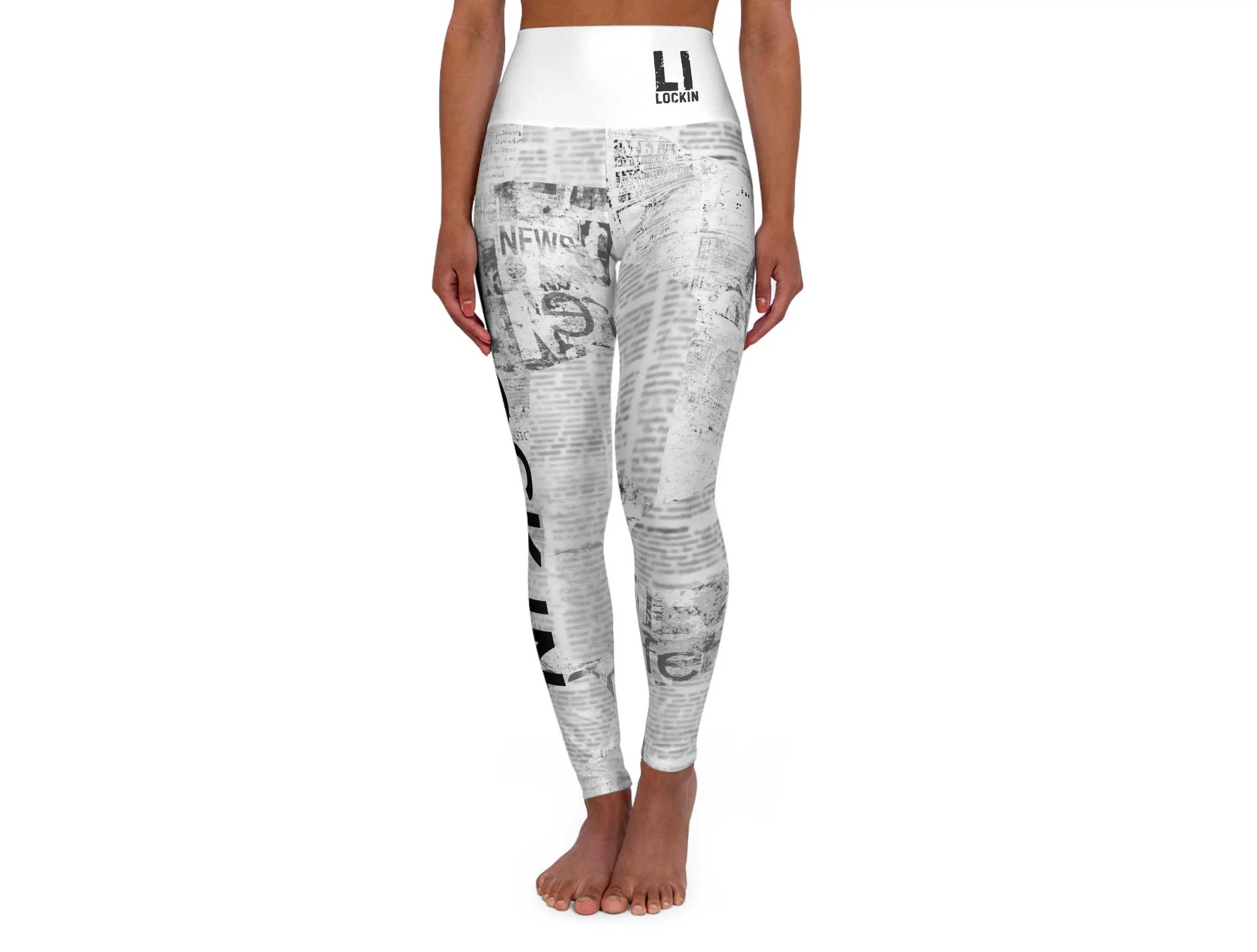 High-Waisted Yoga Leggings — Black & White Newspaper Print 'LOCK IN' Leggings