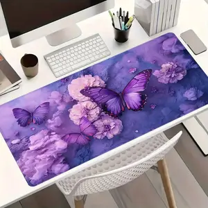 Purple Butterfly Watercolor Floral Extended Large Gaming Mousepad，Desk Mat With Stitched Edge Non-Slip Rubber Base Desk Accessories for Home Office Decor Pads 35.4x15.7 Inch Perfect Gift for Men Women