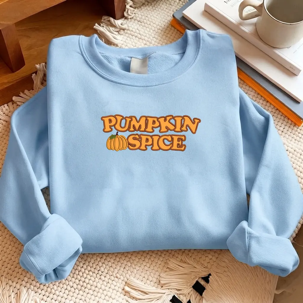 Embroidered Fall Vibes Apparel, Unisex Sweatshirt, T-shirt, And Hoodie, Cotton Top With Cute Pumpkin Spice Graphic, Comfortable Casual Clothing For Everyday Style