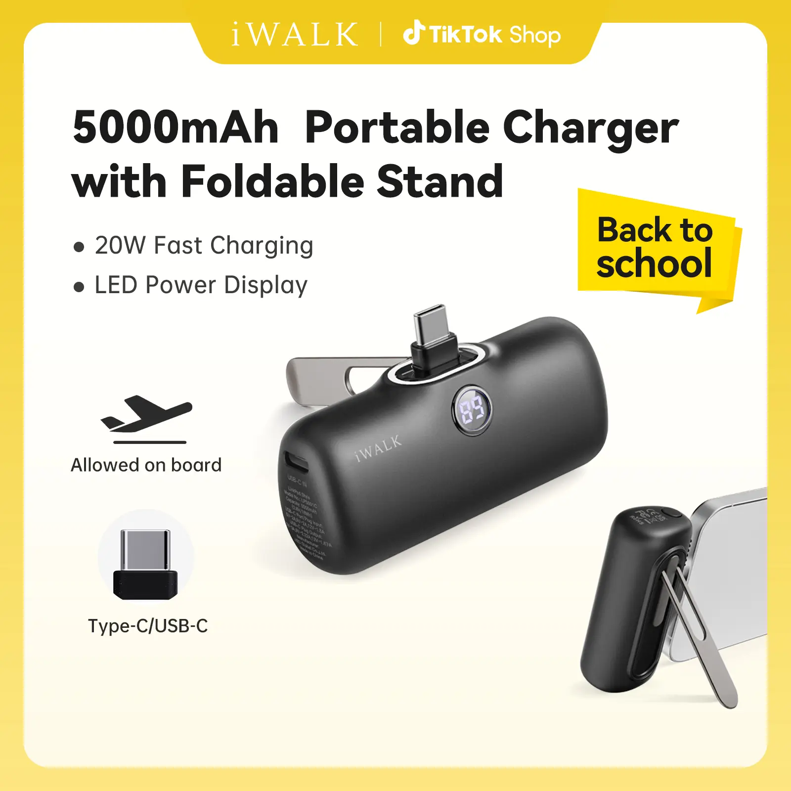 iWALK 20W PD Mini Portable Charger 5000mAh - 20W Output Mobile Accessories, Foldable Stand, Dual USB-C Ports, LED Display, Case-Friendly USB-C Plug, Fast Charge for iPhone 17/16, Samsung 25/24, Metal Power Bank for Cable & Devices Smartphone Chargeable, C