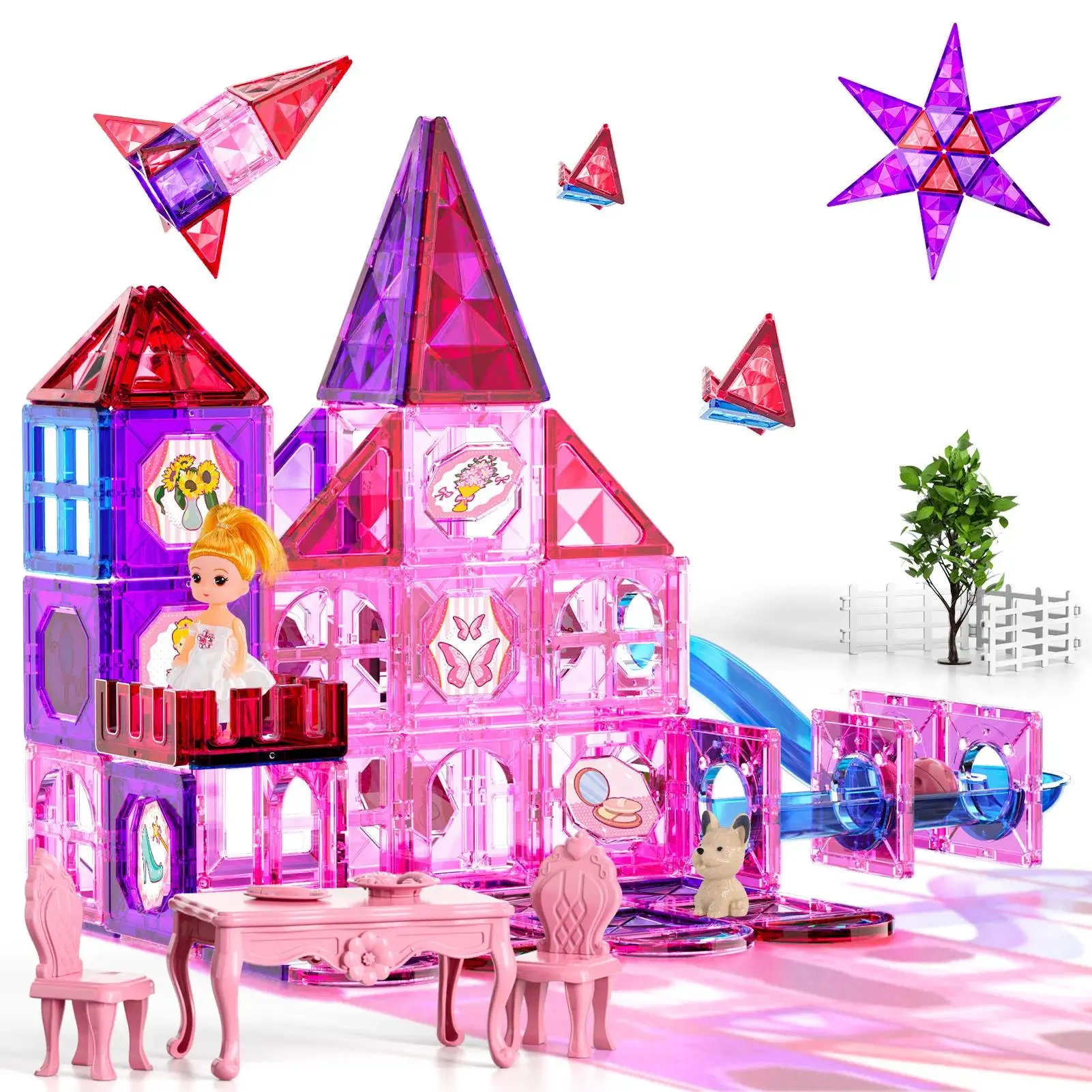 154-Piece Magnetic Construction Tiles Building Blocks Set, Unisex STEM Toy with Princess Dolls House, Includes Dolls, Festive Party Bags, Birthday Gift Ideas for Toddlers, 154 Pieces