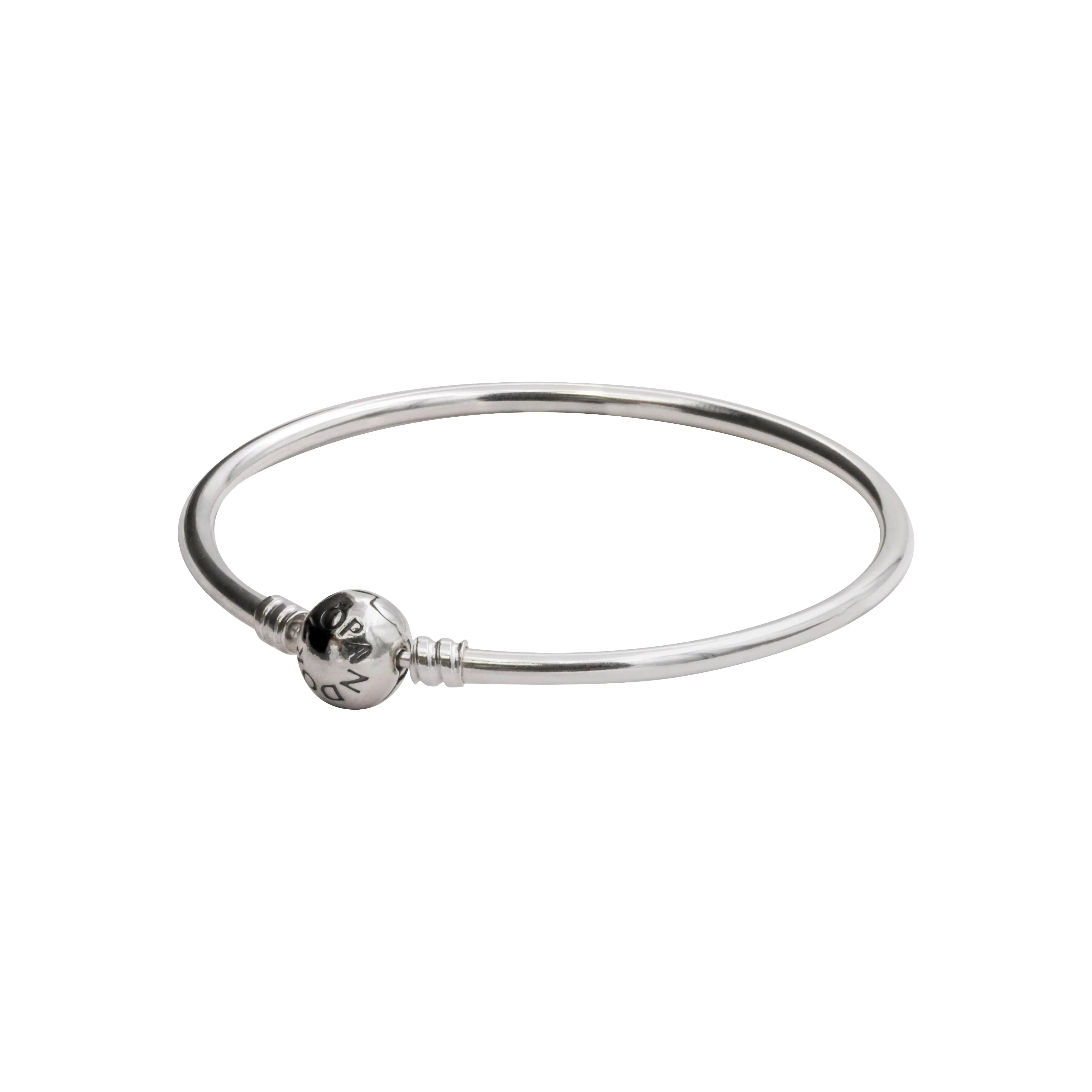 PANDORA Sterling Silver Bangle Bracelet for Adults - 590713-18, Embossed Ball Clasp, Sleek and Elegant Design, Compatible with Moments Charms