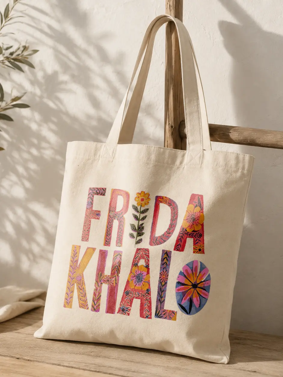 Frida Khalo Inspired Canvas Tote Bag for Women Art Lovers Students Boho Art Hoe Cottagecore Eclectic Aesthetic Beige Multicolor Floral Print Typography Reusable Eco-Friendly Everyday Market Grocery Shoulder Bag Cultural Pride Latina Core