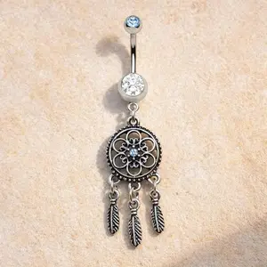 Stainless Steel Ornate Dream Catcher Dangle Navel Ring
