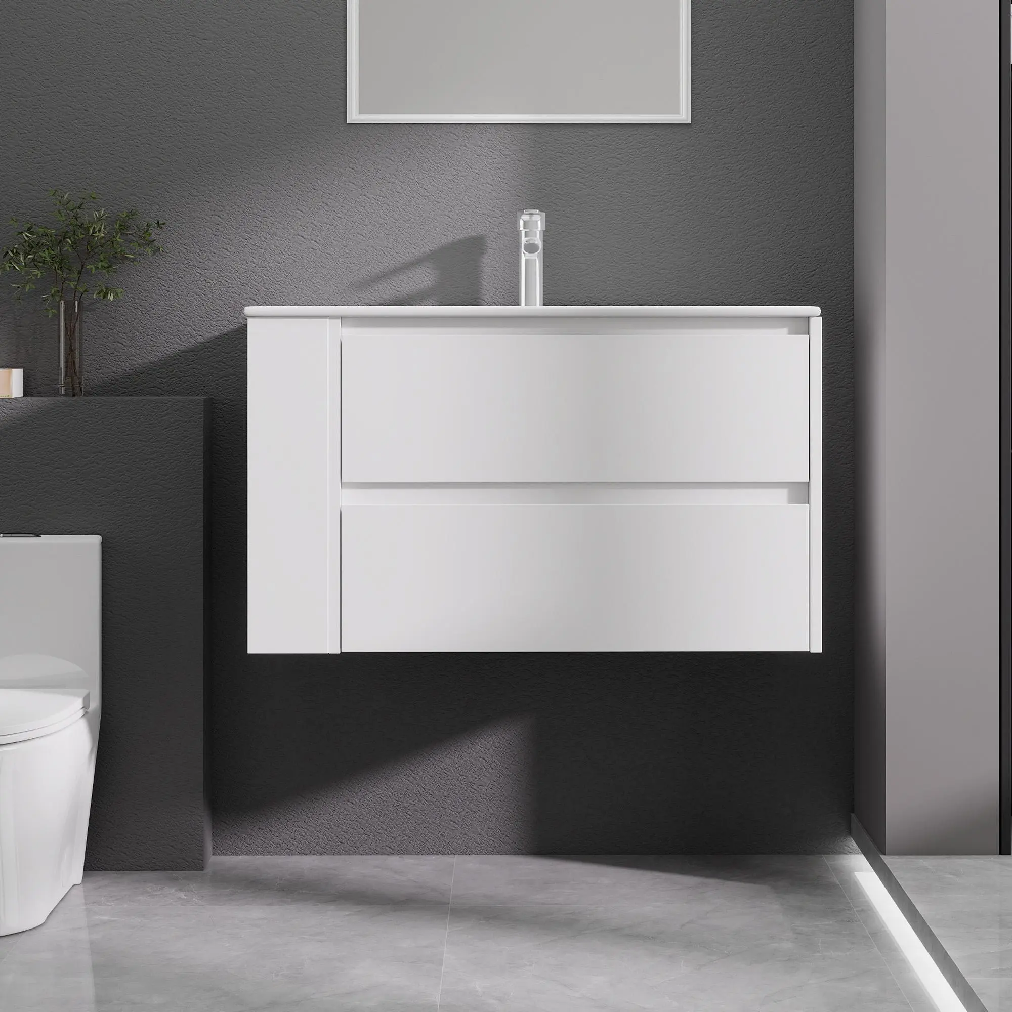 36 Inch Modern Floating Wall‑Mount Bathroom Vanity With Sink, 5‑Color Option, Recessed‑Pull Handle‑Less Plywood Cabinet, Soft‑Close Double Drawers For Bath & Powder Room