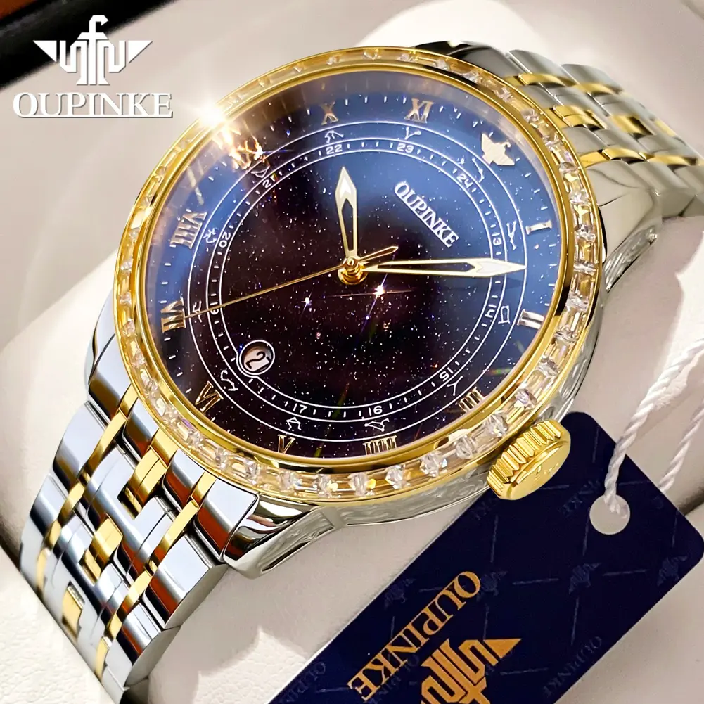 Oupinke 3203 Watch for Men, Luxury Starry Sky Stainless Steel Business Watch with an Automatic Tourbillon Movement, 40mm Luminous Analog Display, Waterproof - Includes Gift Box