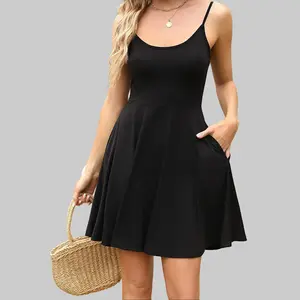 Women Mini Bodycon Dress Flower Print Sleeveless Dress Summer Backless A Line Adjustable Spaghetti Strap with Pockets Fit & Flare Beach Sundress Beach Vacation