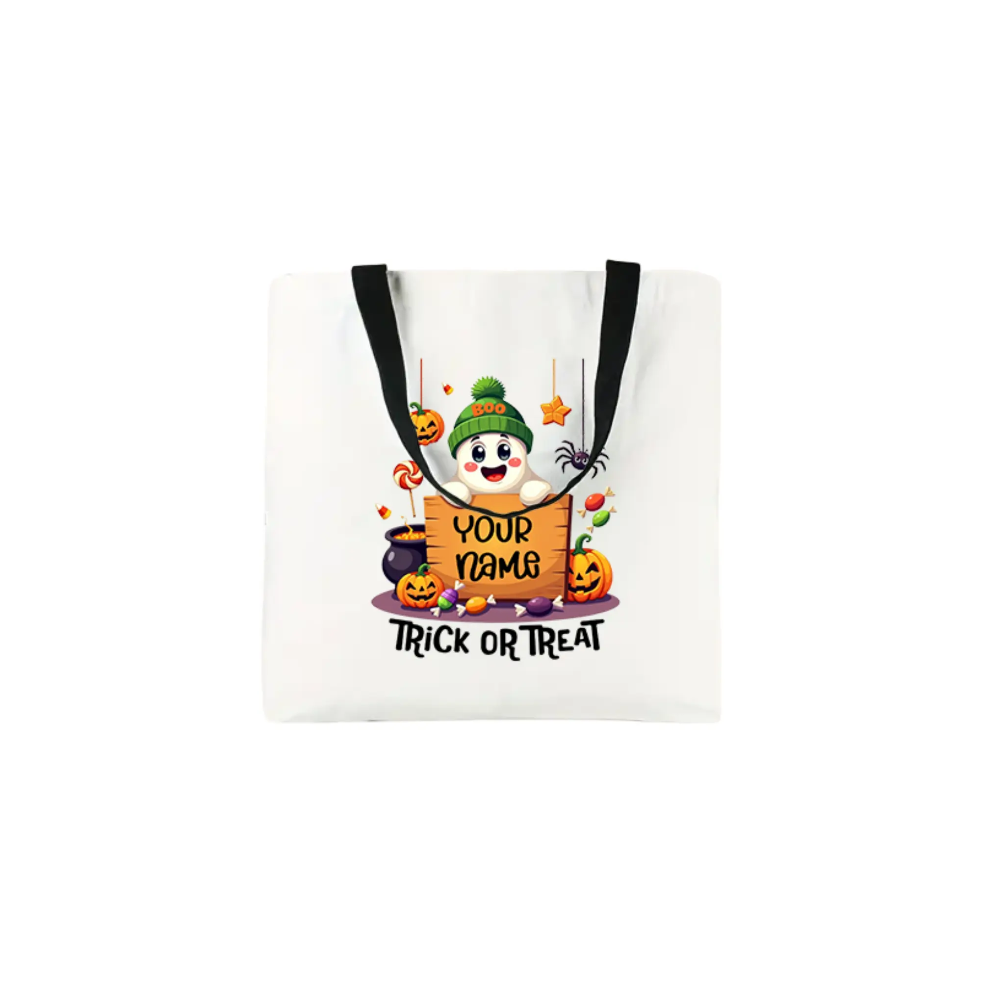 Women's Custom Reusable Halloween Trick or Treat Tote Bag - Fun Ghost & Pumpkin Design, Personalizable Name, Black Straps - Ideal for Fall Parties, Personalized Gifting