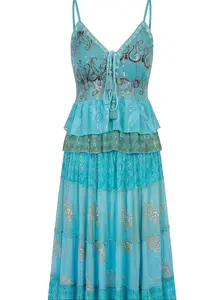 Bohemian Dream 2-Piece Set Aqua Paisley Tiered Maxi Skirt & Embellished Crop Top with Sequins Gold Foil & Tassels for Womenswear Boho