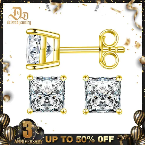 Delzzad S925 Princess Cut Studearrings D Color VVS Synthetic Moissanite Unisex Earrings Jewelry Engagement Wedding Anniversary Christmas Gift for Men Women