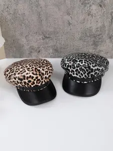 Leopard Print PU Leather Baker Boy Cap, Casual Outdoor Sports Hat for Women, Fashion Accessories for Daily Wear, Leopard Vintage Hat