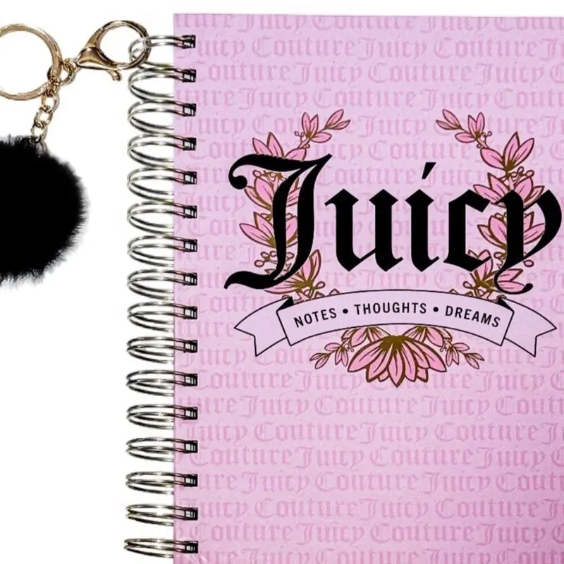 Juicy Couture Notes, Thoughts & Dreams Spiral Notebook Set with Black Pompom Keychain, Office Stationery Supplies, Writing Stationery