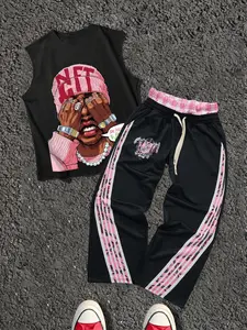 Men's Side Striped Drawstring Waist Loose Wide Leg Sport Pants + Vest Set, Streetwear Tracksuit Set, Street Style Casual Knit Fabric, Spring & Fall Fashion