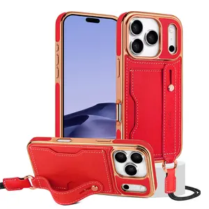 Suitable for IP17Promax phone case with crossbody long strap wristband stand, IP16/15/14/13 protective cover, anti-drop portable card slot case