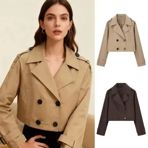 Women's Double Breasted Short Trench Coat for Outdoor Wear Stylish Beige Design with Functional Pockets Jacket Tops Outerwear Womenswear